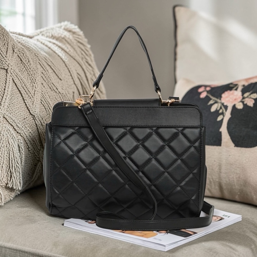 Badgley Mischka Black Quilted Satchel Crossbody - Picture 3 of 7